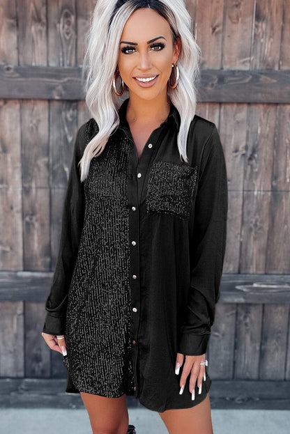 Sparkling Black Sequin Shirt Dress with Pocket Details
