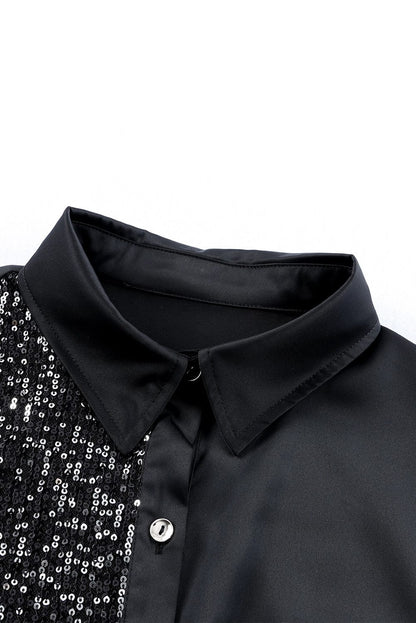 Sparkling Black Sequin Shirt Dress with Pocket Details