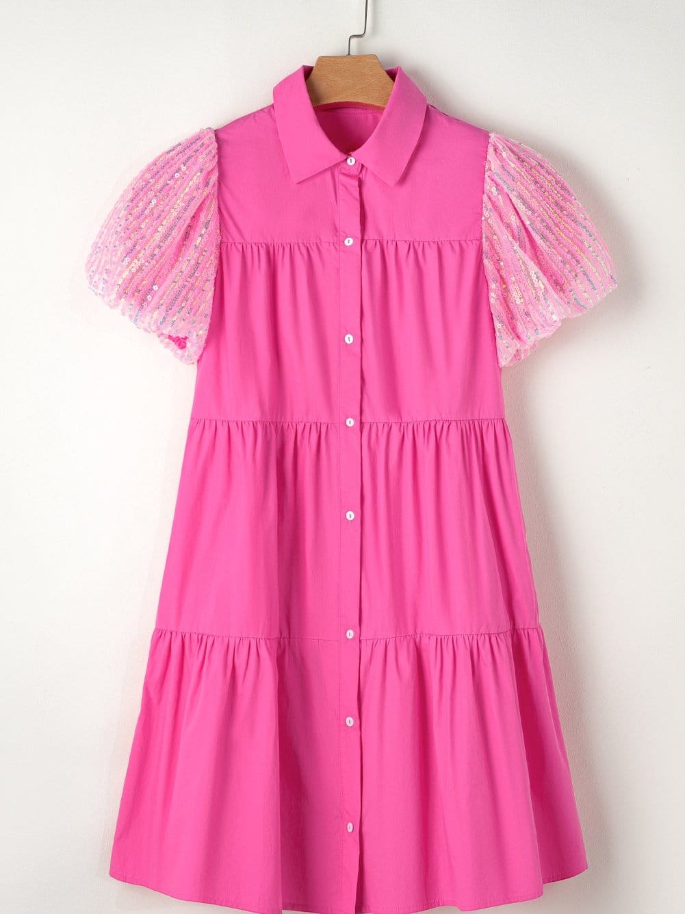 Sparkling Bonbon Sequin Bubble Sleeve Tiered Ruffle Shirt Dress