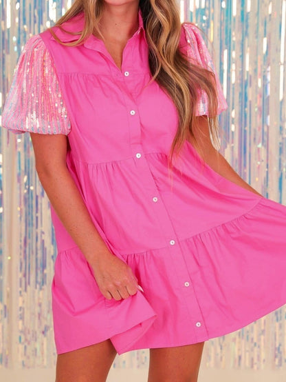 Sparkling Bonbon Sequin Bubble Sleeve Tiered Ruffle Shirt Dress