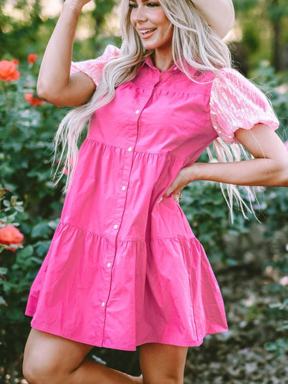 Sparkling Bonbon Sequin Bubble Sleeve Tiered Ruffle Shirt Dress