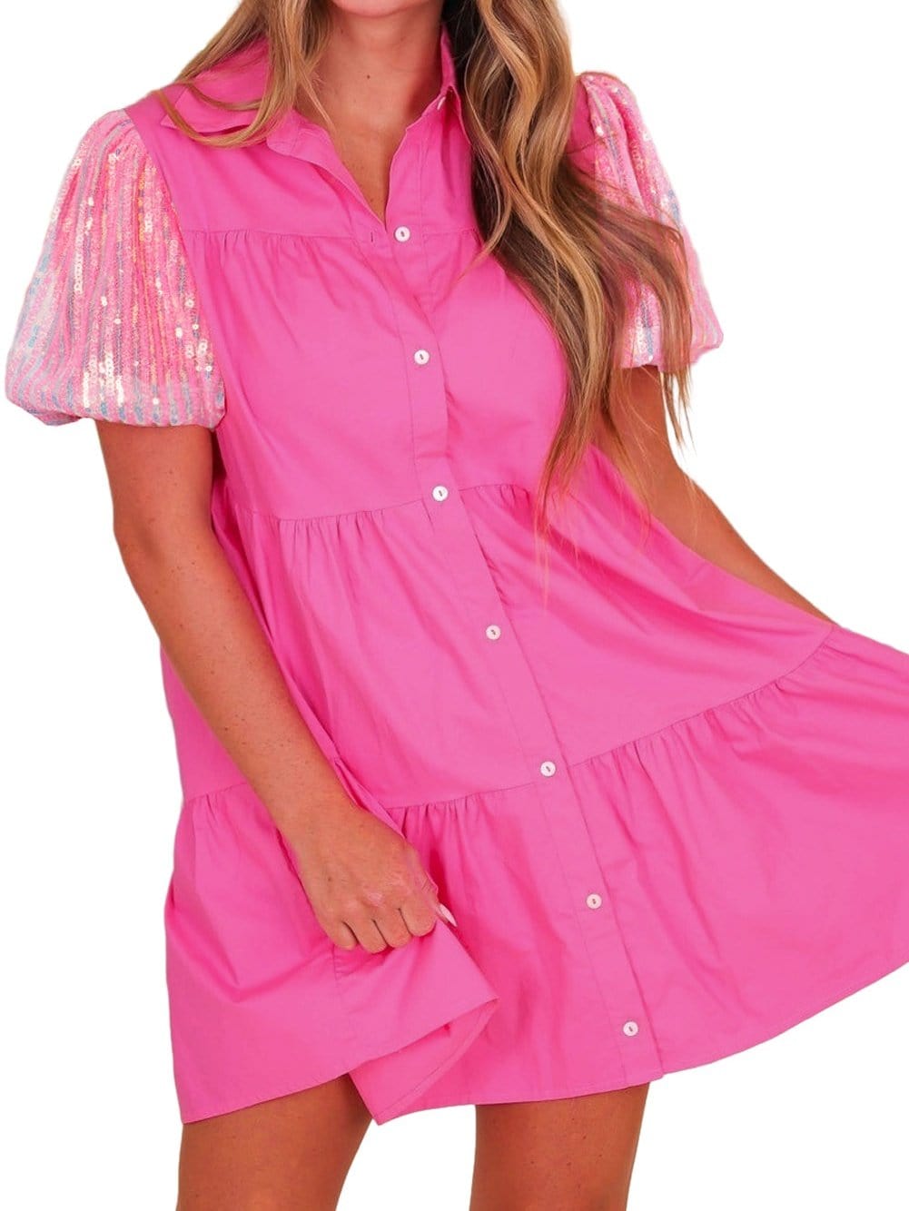 Sparkling Bonbon Sequin Bubble Sleeve Tiered Ruffle Shirt Dress