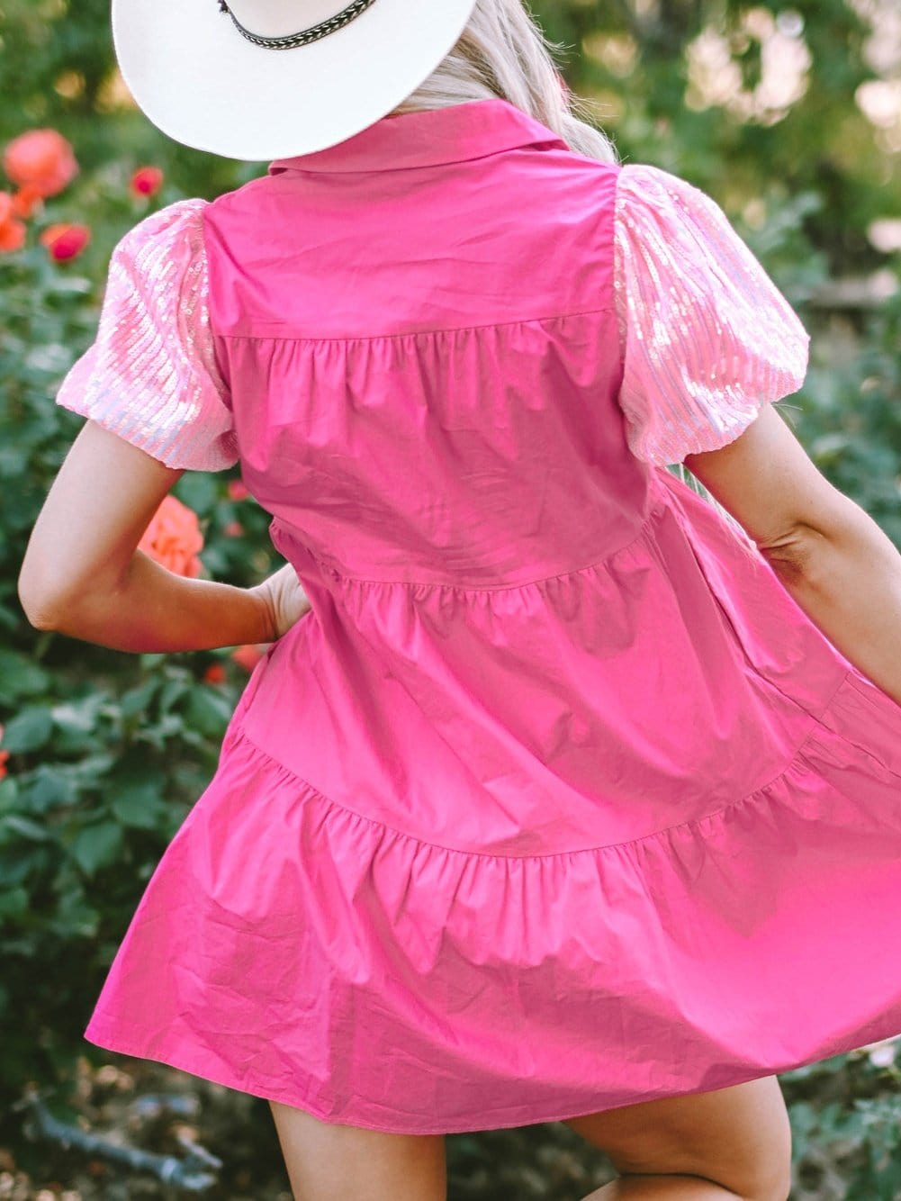 Sparkling Bonbon Sequin Bubble Sleeve Tiered Ruffle Shirt Dress