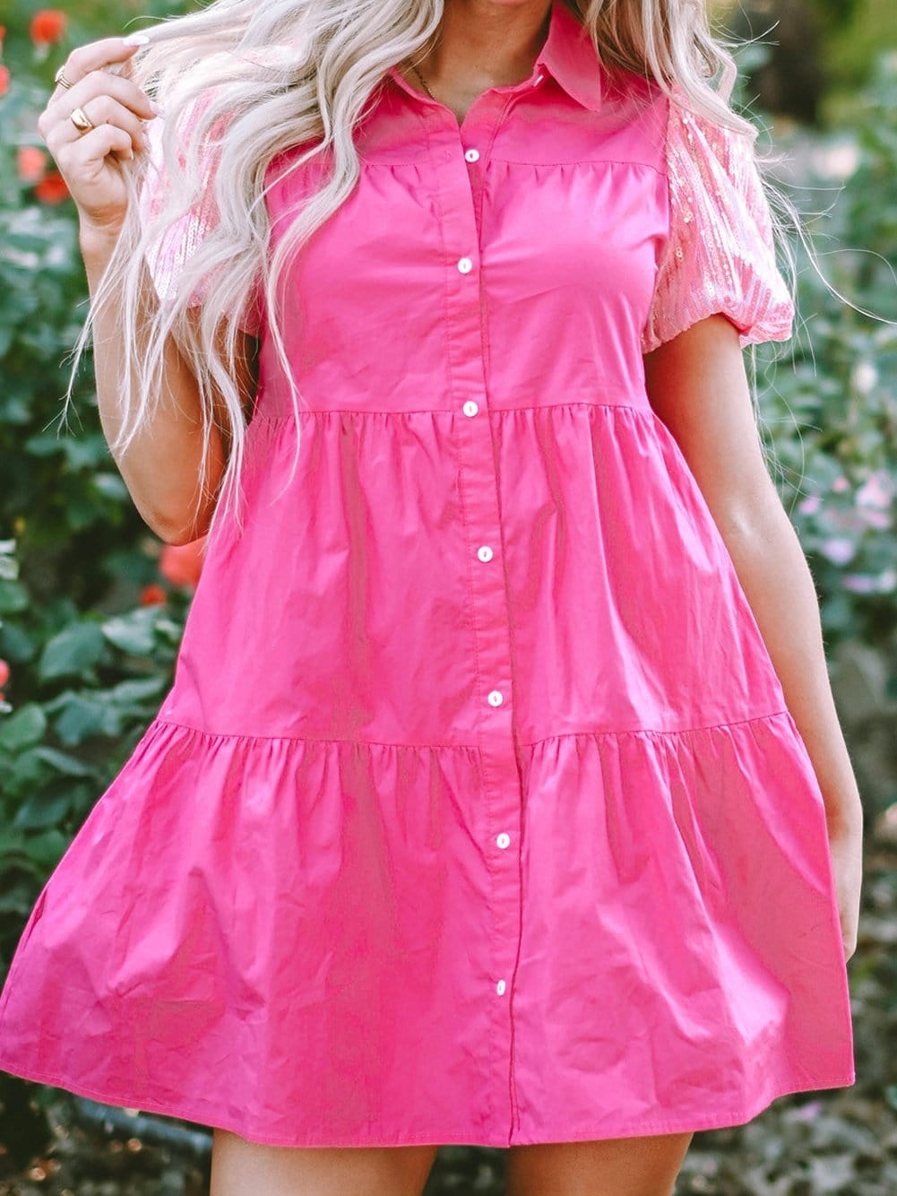 Sparkling Bonbon Sequin Bubble Sleeve Tiered Ruffle Shirt Dress