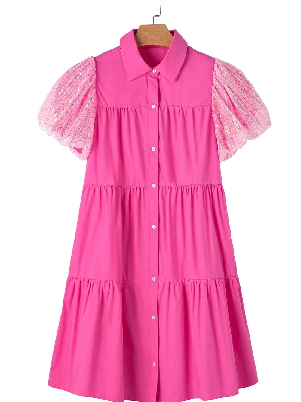 Sparkling Bonbon Sequin Bubble Sleeve Tiered Ruffle Shirt Dress