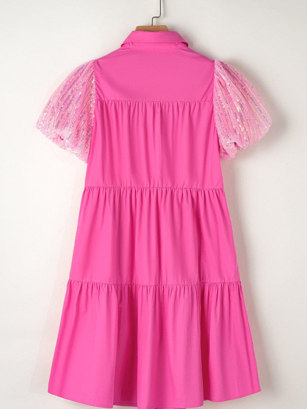 Sparkling Bonbon Sequin Bubble Sleeve Tiered Ruffle Shirt Dress