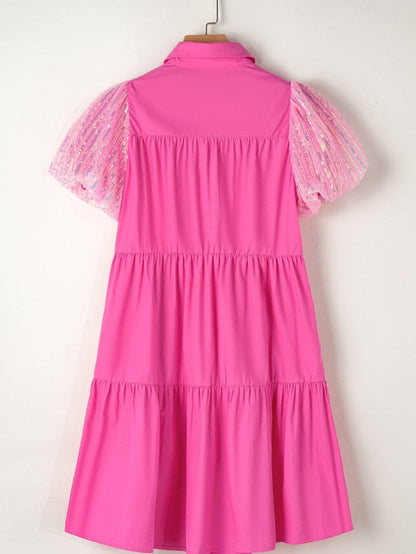 Sparkling Bonbon Sequin Bubble Sleeve Tiered Ruffle Shirt Dress