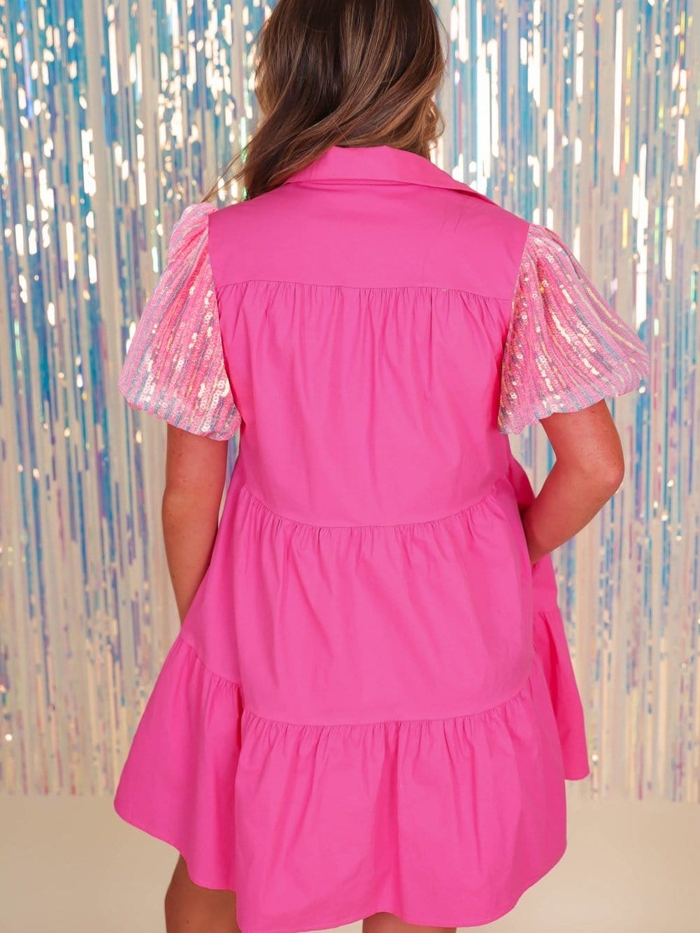 Sparkling Bonbon Sequin Bubble Sleeve Tiered Ruffle Shirt Dress