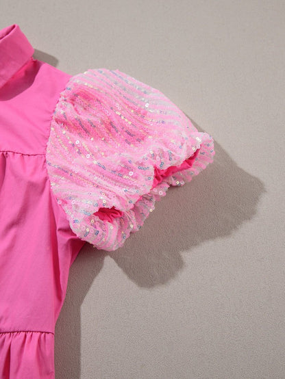Sparkling Bonbon Sequin Bubble Sleeve Tiered Ruffle Shirt Dress