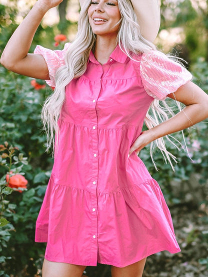 Sparkling Bonbon Sequin Bubble Sleeve Tiered Ruffle Shirt Dress