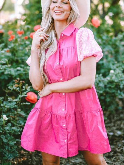 Sparkling Bonbon Sequin Bubble Sleeve Tiered Ruffle Shirt Dress