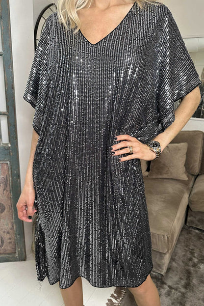 Sparkling Dark Grey Sequin V Neck Dolman Sleeve Shift Dress