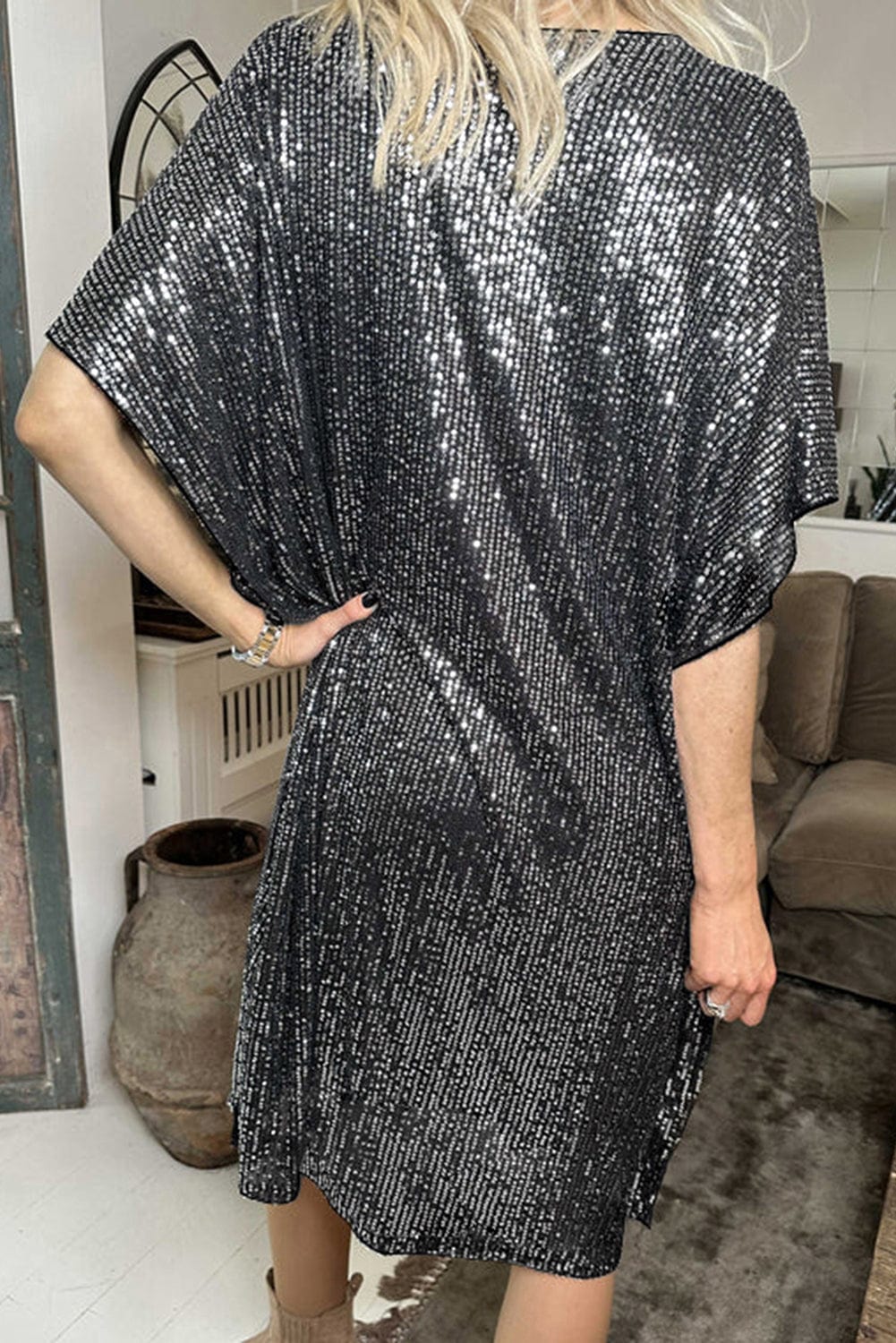 Sparkling Dark Grey Sequin V Neck Dolman Sleeve Shift Dress