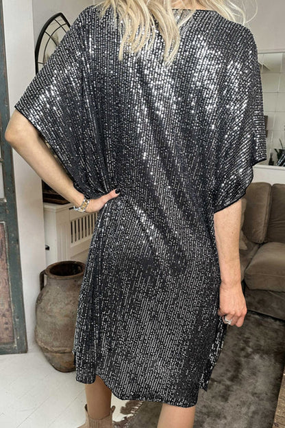 Sparkling Dark Grey Sequin V Neck Dolman Sleeve Shift Dress