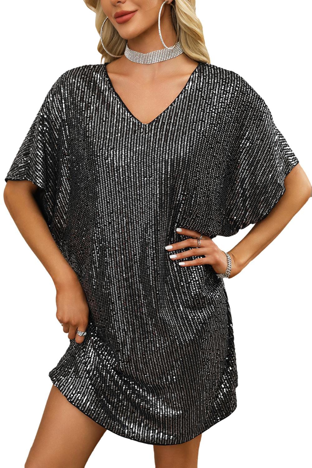 Sparkling Dark Grey Sequin V Neck Dolman Sleeve Shift Dress