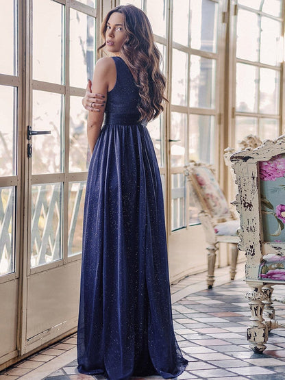 Sparkling Double V Neck Evening Gown for Special Events