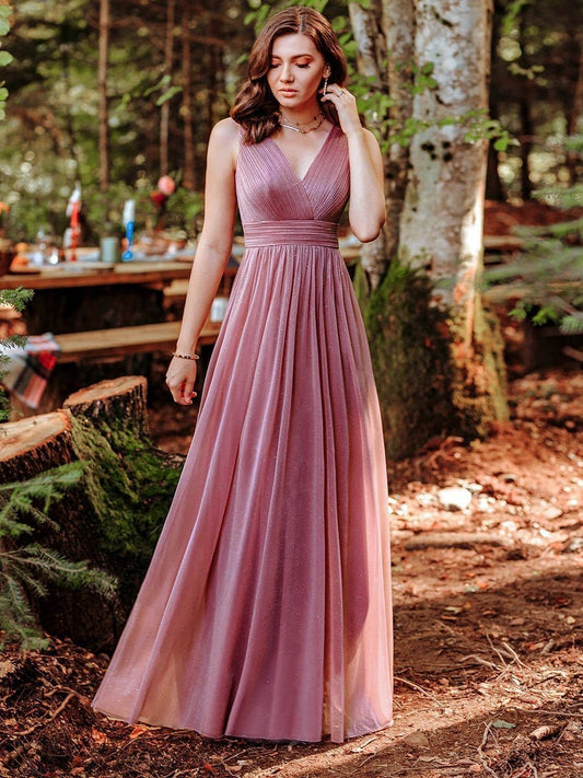 Sparkling Double V Neck Evening Gown for Special Events