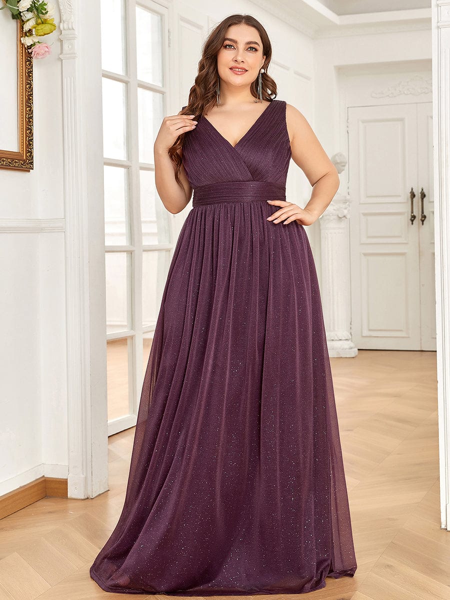 Sparkling Double V Neck Plus Size Evening Dress for Special Occasions