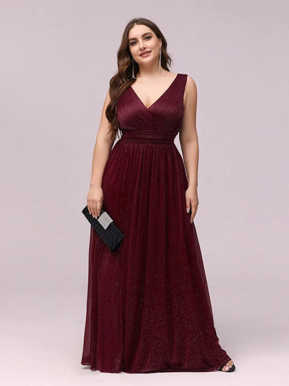 Sparkling Double V Neck Plus Size Evening Dress for Special Occasions