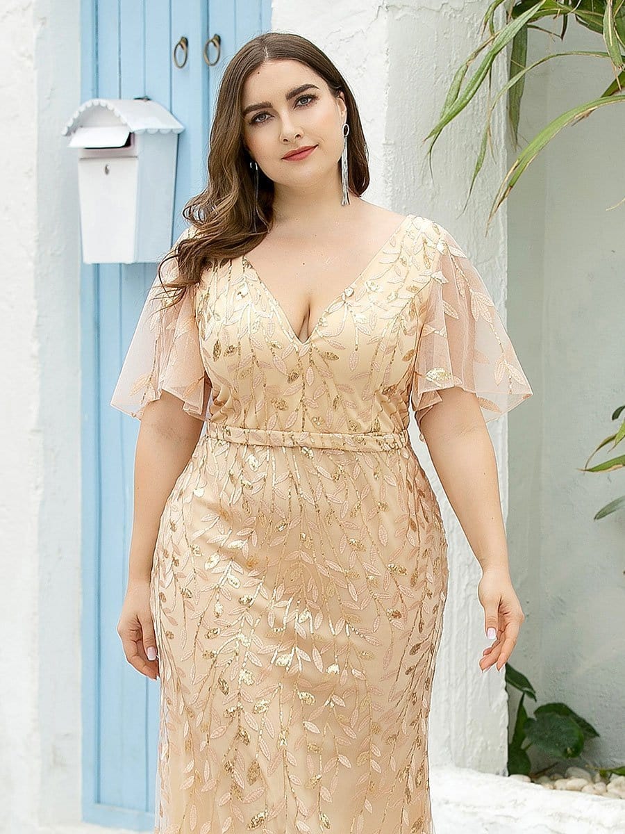 Sparkling Plus Size Deep V-Neck Sequin & Tulle Evening Gown