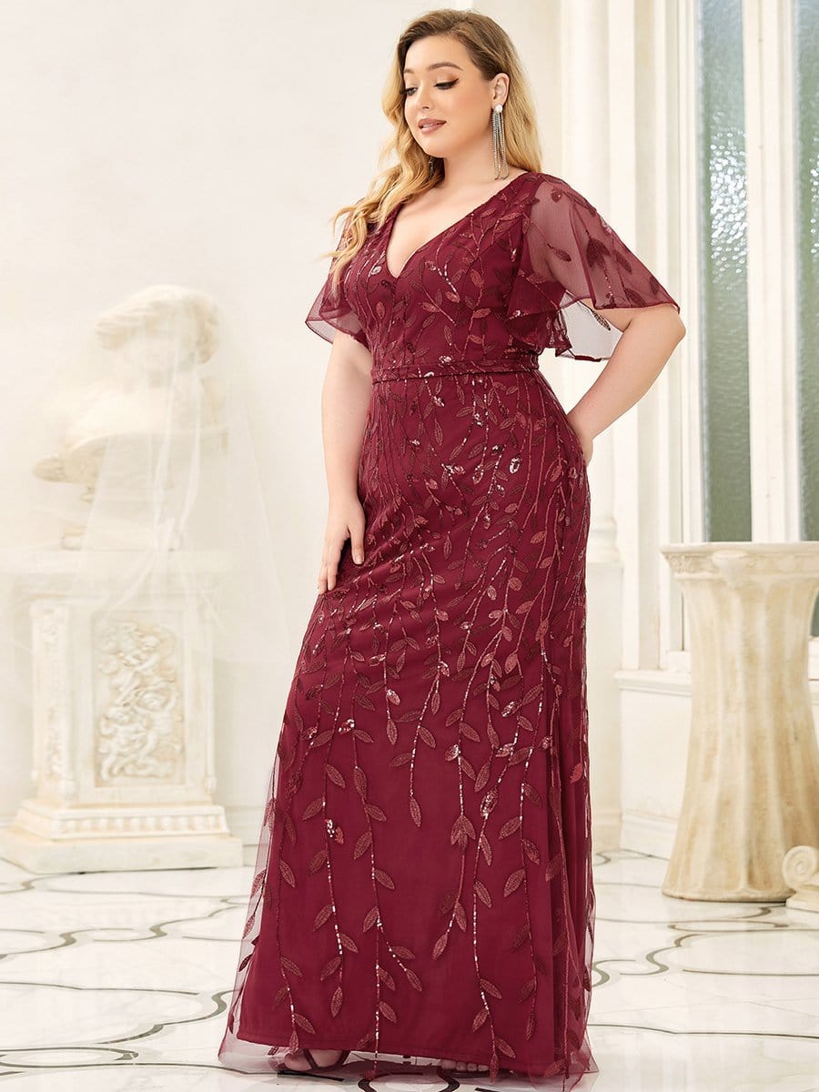 Sparkling Plus Size Deep V-Neck Sequin & Tulle Evening Gown