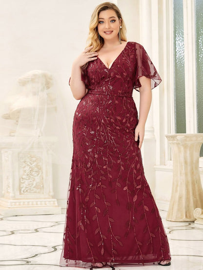 Sparkling Plus Size Deep V-Neck Sequin & Tulle Evening Gown
