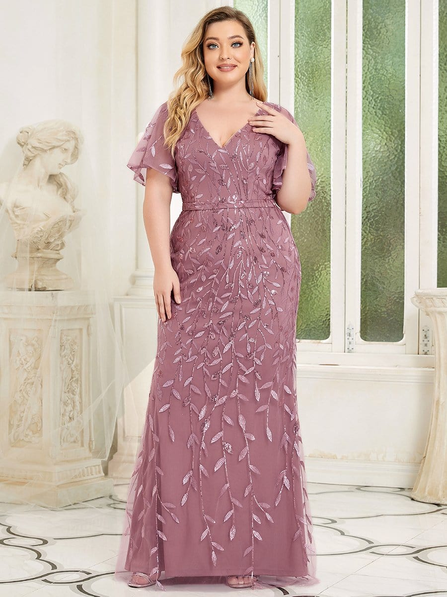 Sparkling Plus Size Deep V-Neck Sequin & Tulle Evening Gown