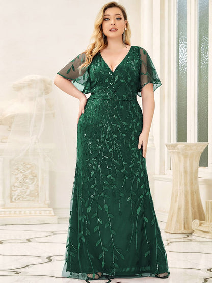 Sparkling Plus Size Deep V-Neck Sequin & Tulle Evening Gown