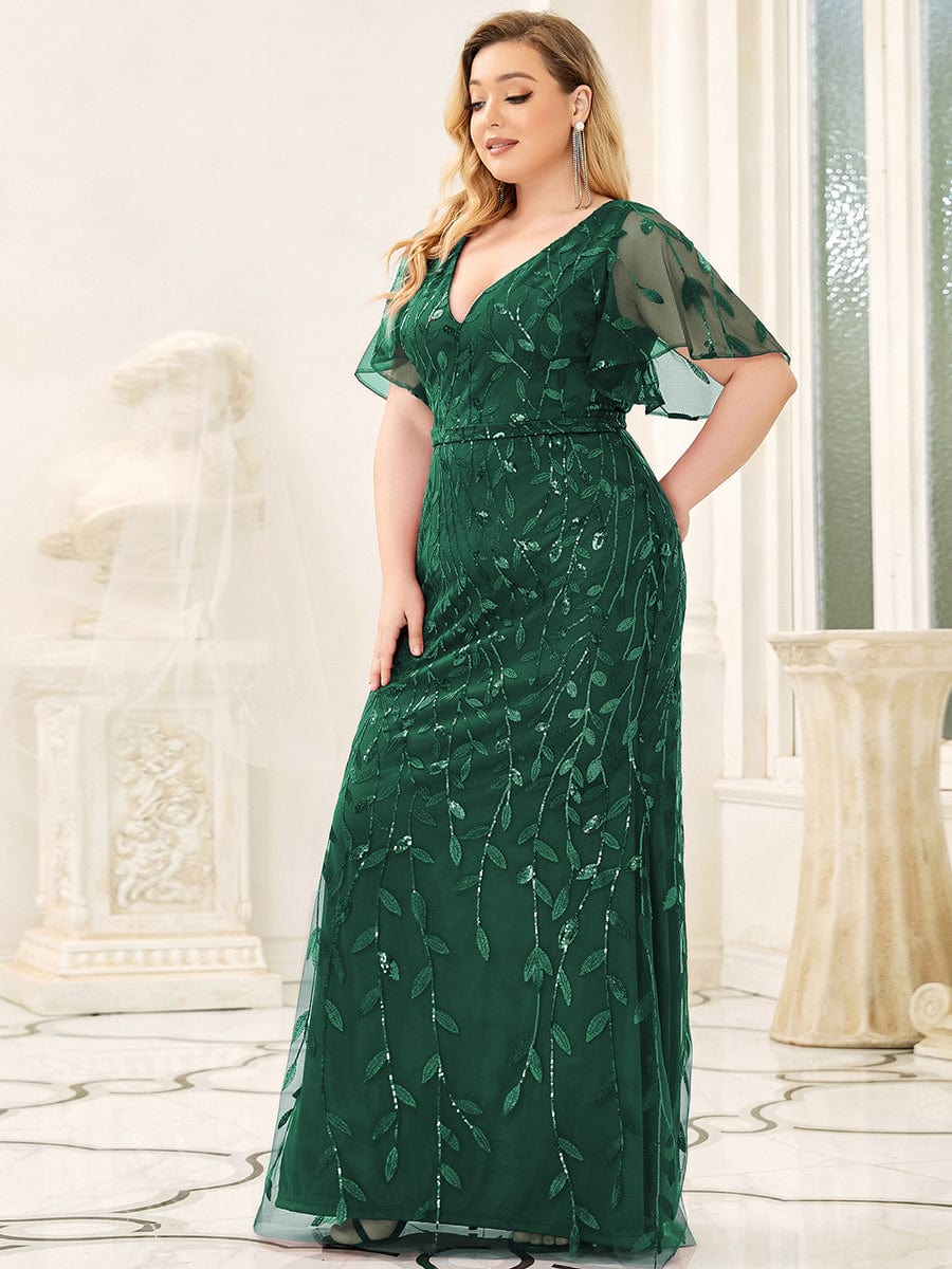 Sparkling Plus Size Deep V-Neck Sequin & Tulle Evening Gown