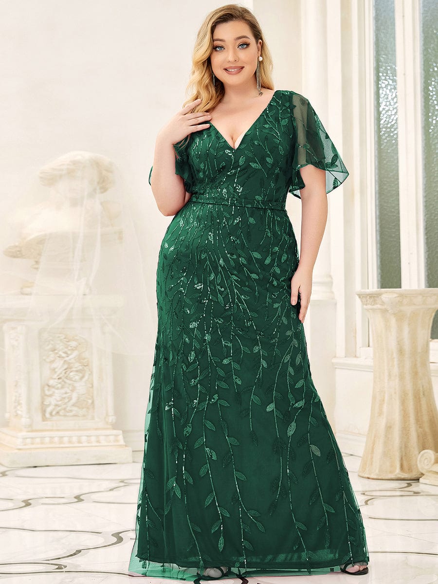 Sparkling Plus Size Deep V-Neck Sequin & Tulle Evening Gown