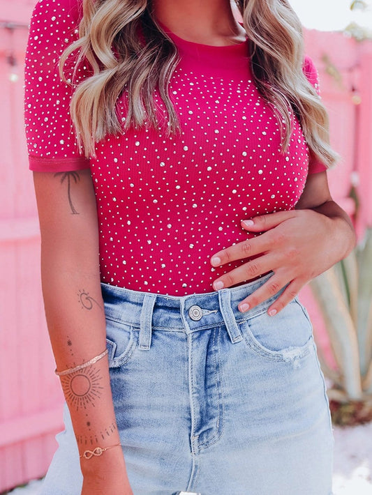 Sparkling Rose Rhinestone Round Neck Bodysuit with Short Sleeves