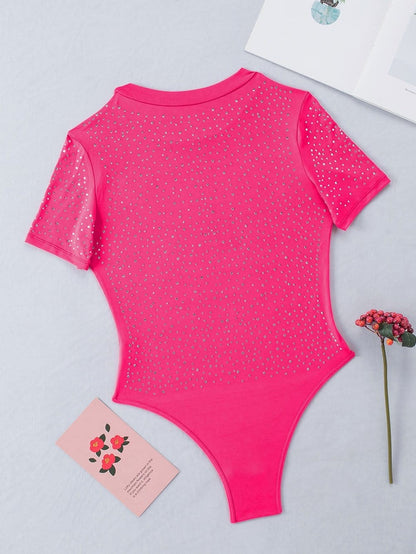 Sparkling Rose Rhinestone Round Neck Bodysuit with Short Sleeves
