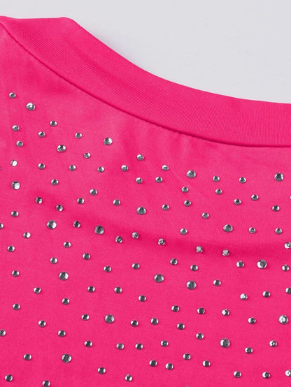 Sparkling Rose Rhinestone Round Neck Bodysuit with Short Sleeves