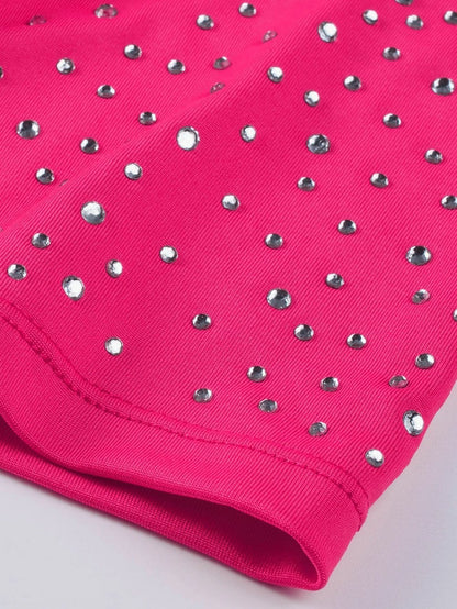 Sparkling Rose Rhinestone Round Neck Bodysuit with Short Sleeves