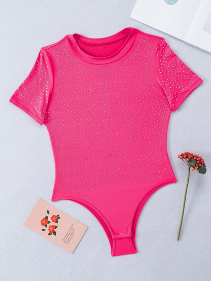Sparkling Rose Rhinestone Round Neck Bodysuit with Short Sleeves