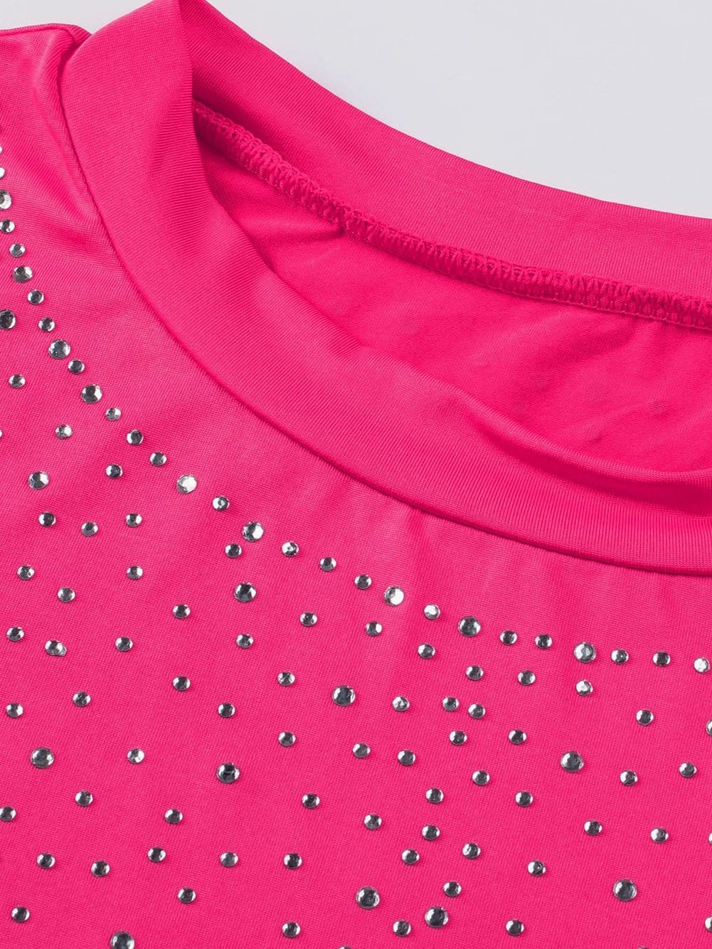 Sparkling Rose Rhinestone Round Neck Bodysuit with Short Sleeves