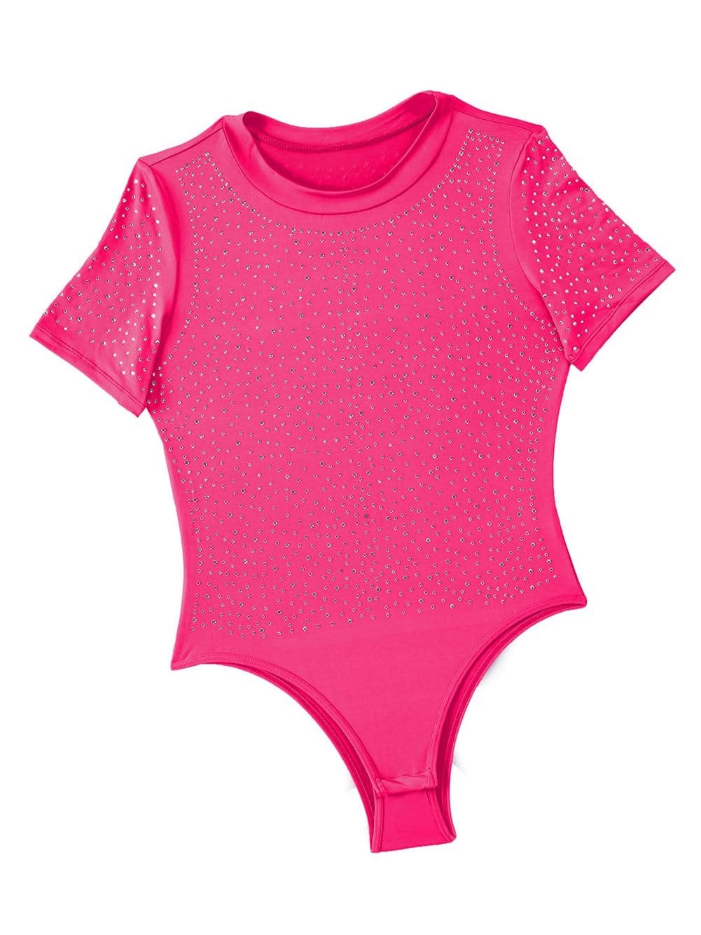 Sparkling Rose Rhinestone Round Neck Bodysuit with Short Sleeves
