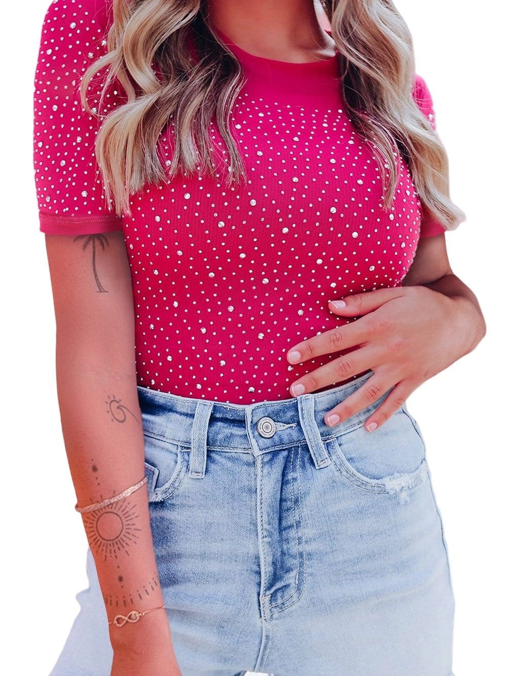 Sparkling Rose Rhinestone Round Neck Bodysuit with Short Sleeves
