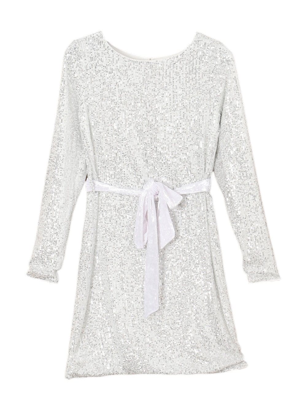 Sparkling Silver Sequin Long Sleeve Mini Dress with Velvet Sash