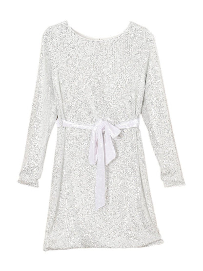 Sparkling Silver Sequin Long Sleeve Mini Dress with Velvet Sash