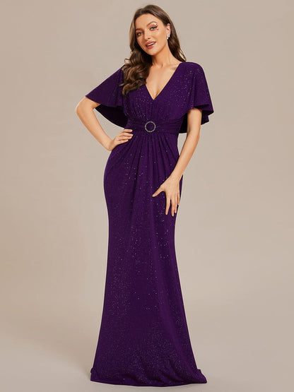 Sparkling V-Neck Pleated Bat-Wing Sleeve Bodycon Waist-Enhancing Evening Dress