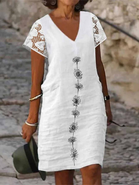 Women's Dress - Cotton Linen Dress Casual Dress Shift Dress Midi Dress Cotton Fashion Modern Outdoor Daily Vacation V Neck Lace Print Short Sleeve Summer Spring 2023 Regular Fit White Green Flower S M L XL