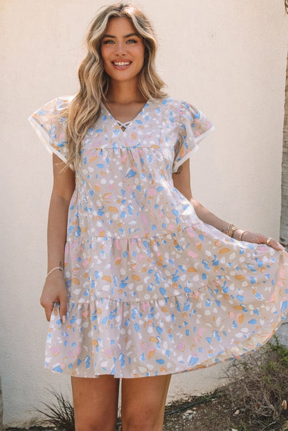 Splattered Print Tiered V-Neck Ruffle Dress with Flutter Sleeves