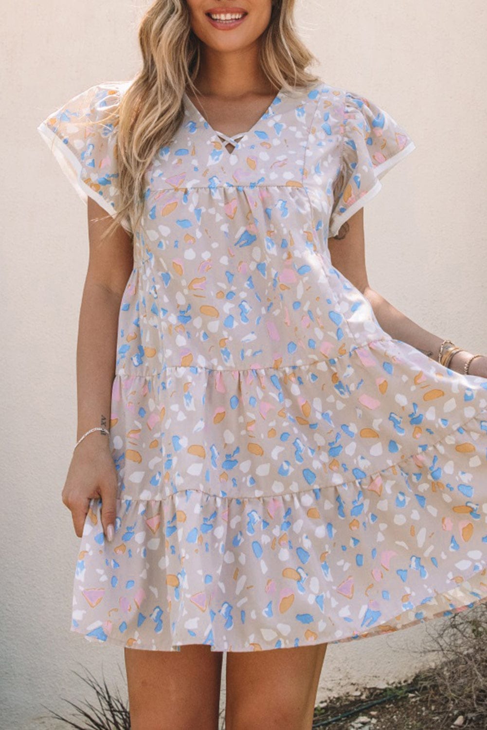 Splattered Print Tiered V-Neck Ruffle Dress with Flutter Sleeves