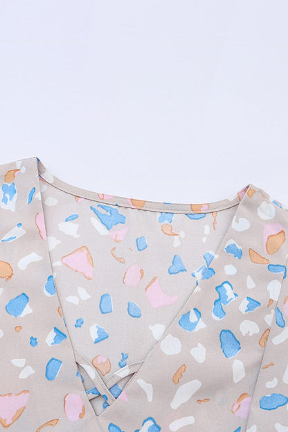 Splattered Print Tiered V-Neck Ruffle Dress with Flutter Sleeves