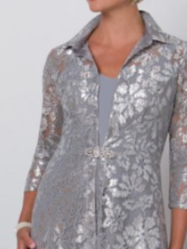 Jumpsuit / Pantsuit 3 Piece Mother of the Bride Dress Formal Plus Size Elegant V Neck Ankle Length Chiffon Lace 3/4 Length Sleeve Wrap Included with Sequin Crystal Brooch 2023 - LuckyFash™