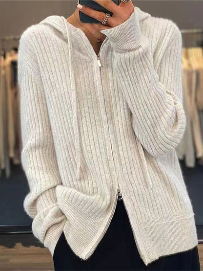 Women's Cardigan Sweater Hooded Ribbed Knit Knit Zipper Fall Winter Regular Outdoor Daily Going out Stylish Casual Soft Long Sleeve Solid Color Black Camel Beige One-Size
