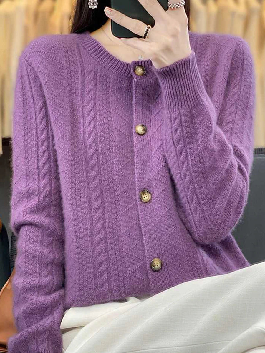 Women's Cardigan Stand Collar Ribbed Knit Polyester Button Knitted Fall Winter Regular Outdoor Daily Going out Stylish Casual Soft Long Sleeve Solid Color Wine Camel Purple One-Size