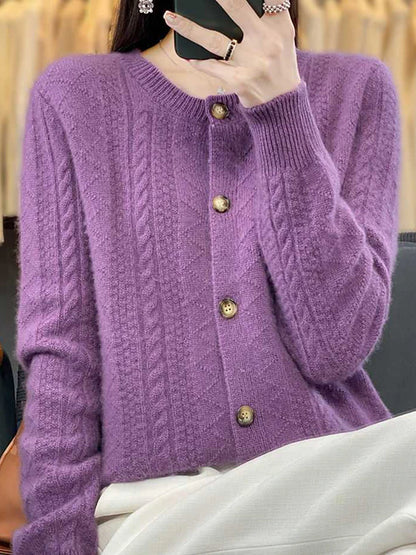 Women's Cardigan Stand Collar Ribbed Knit Polyester Button Knitted Fall Winter Regular Outdoor Daily Going out Stylish Casual Soft Long Sleeve Solid Color Wine Camel Purple One-Size