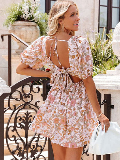 Square-Neck Floral Printed Backless Dress with Puff Sleeves and High Waist